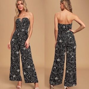NWT Lulus Dancing in the Dark Black and White Print Strapless Jumpsuit Black